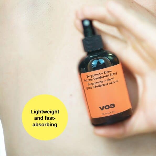 Lifestyle close-up featuring a natural spray deodorant designed for convenient, on-the-go odor protection.