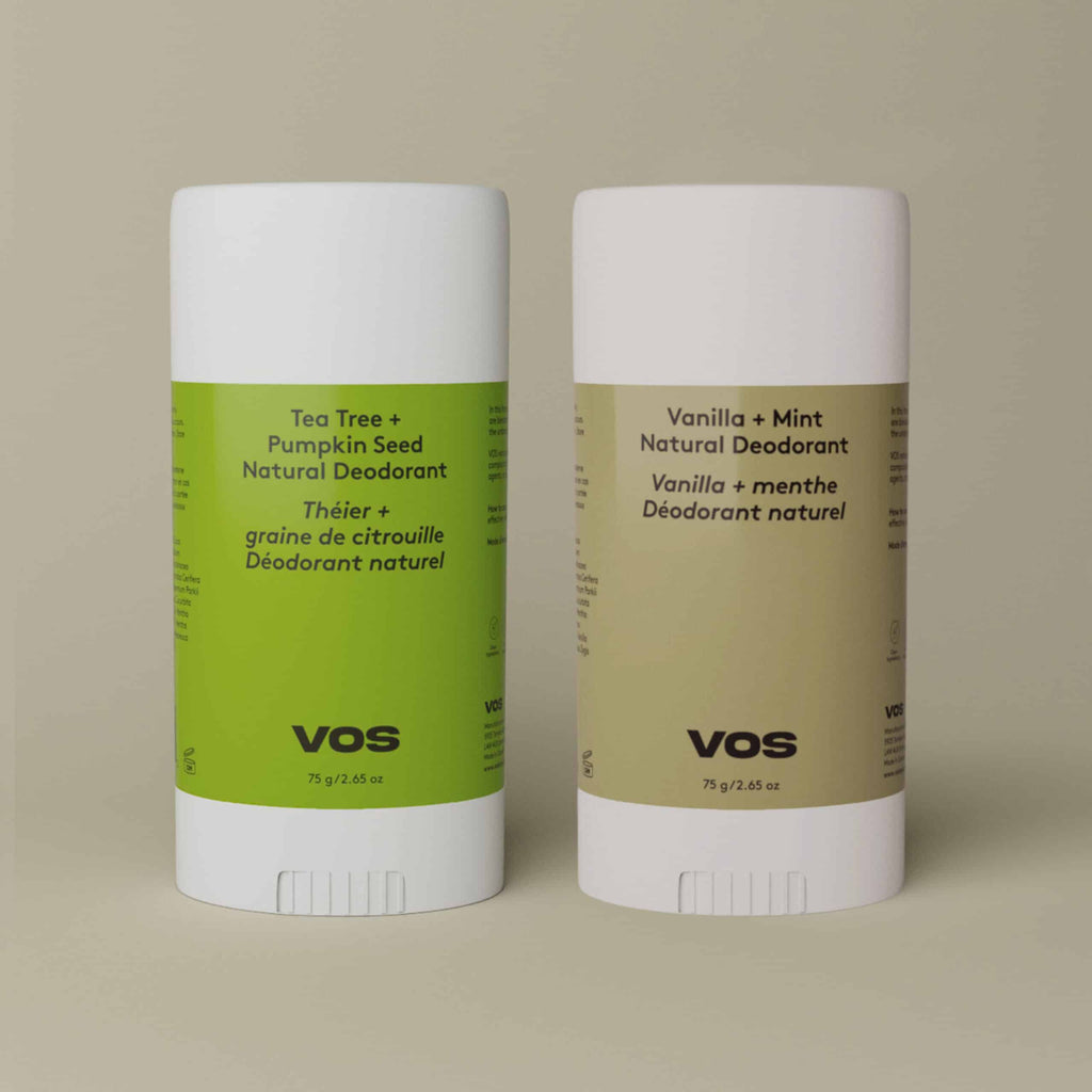 Natural deodorant duo showcased in minimalist packaging with a clean, modern aesthetic.