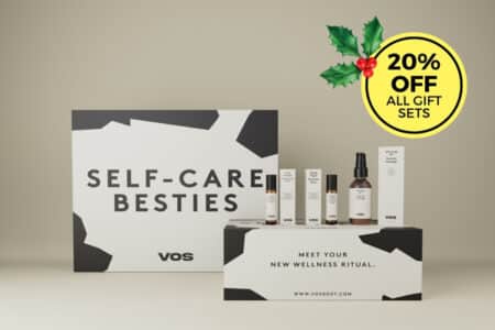 VOS promotion banner offering 20% off gift sets, featuring the Sweat & Reset Active Set, Self Care Besties Wellness Set, and Fresh Faced Face Care Set.